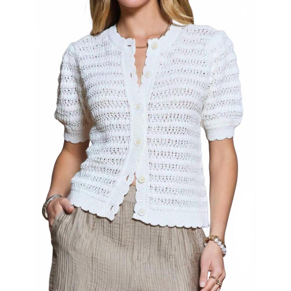 NEW CURRENT AIR women's crochet short sleeve cardigan in white